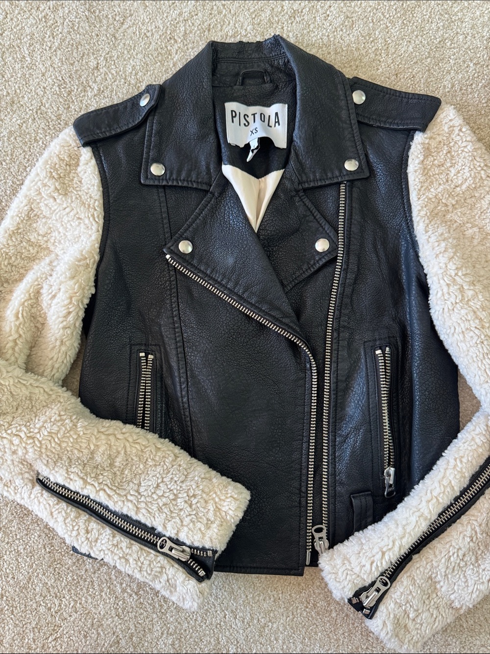 pistola Black Moto Jacket with Cream Sherpa Sleeves